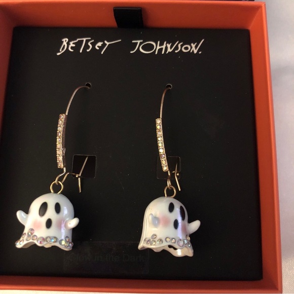 Betsey Johnson Gold Tone Iridescent White Glow In The Dark Ghost Drop Earrings - Picture 5 of 12